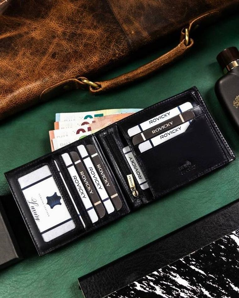 Portfel, czarny, skórzany, RFID, Rovicky