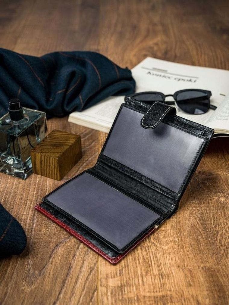 Portfel, czerwono-czarny, skórzany, RFID, Rovicky