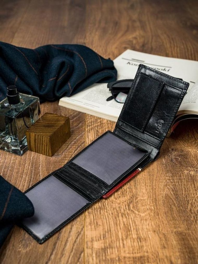 Portfel, czerwono-czarny, skórzany, RFID, Rovicky