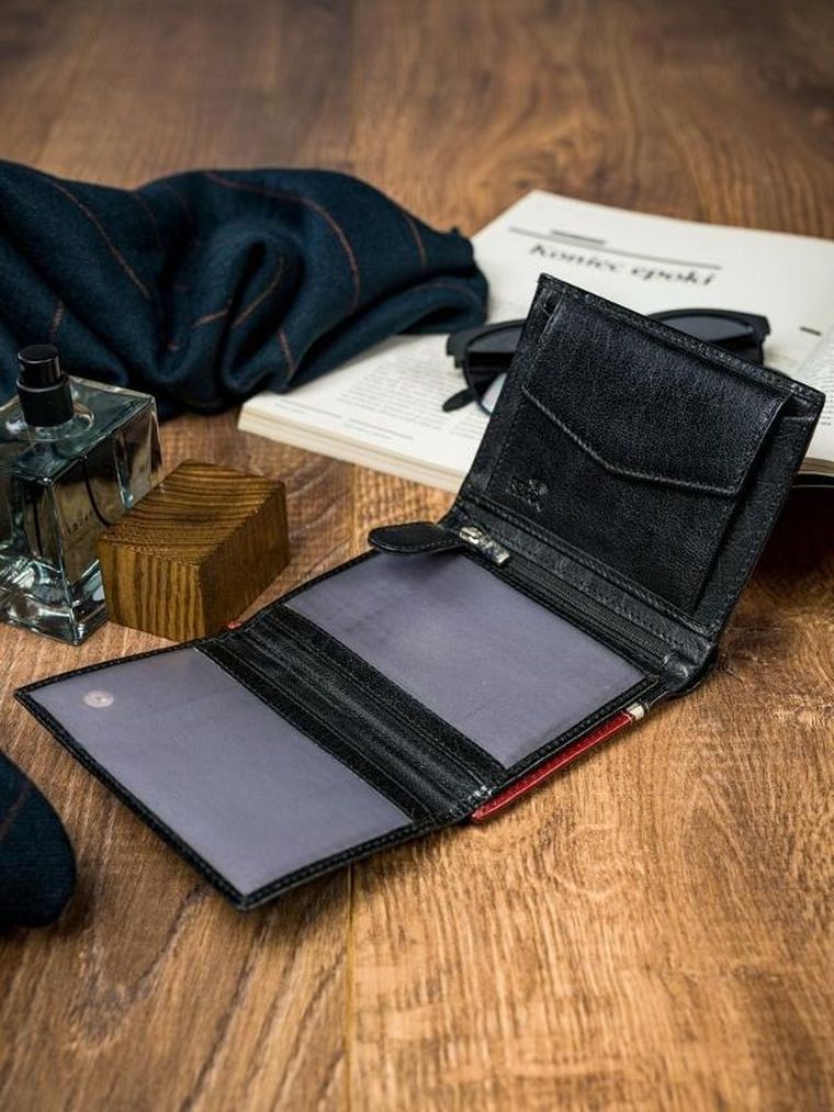 Portfel, czerwono-czarny, skórzany, RFID, Rovicky