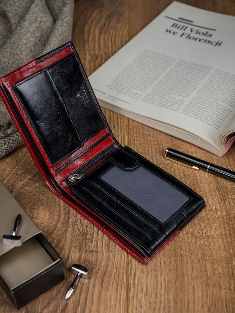 Portfel, czerwono-czarny, skórzany, RFID, Rovicky