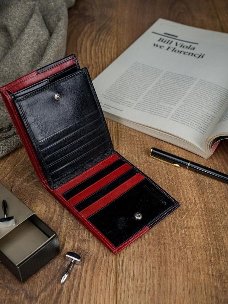 Portfel, czerwono-czarny, skórzany, RFID, Rovicky