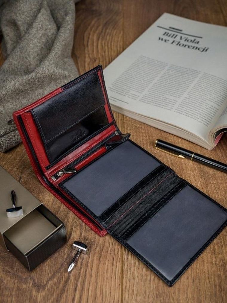 Portfel, czerwono-czarny, skórzany, RFID, Rovicky