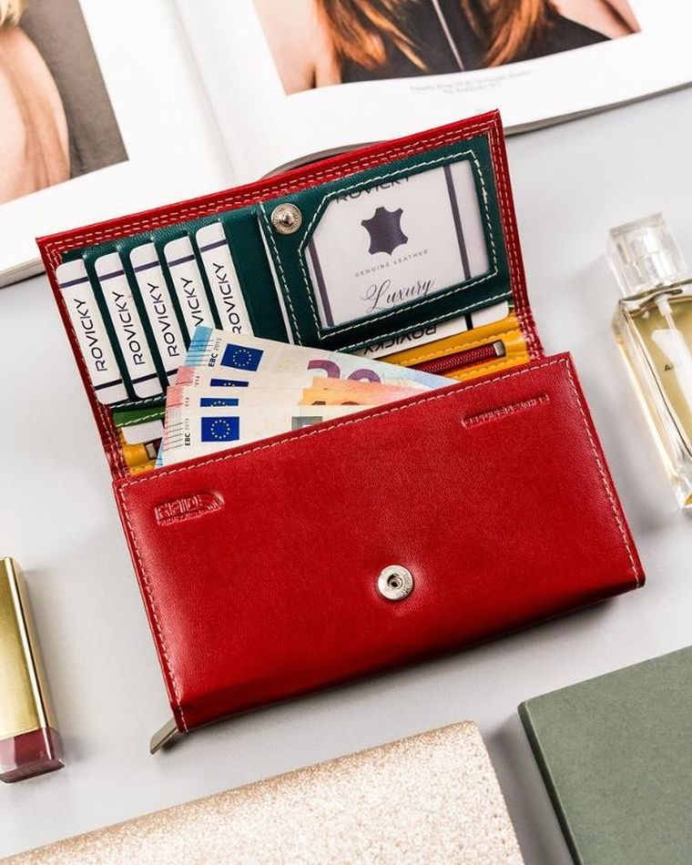 Portfel, czerwony, skórzany, RFID, Rovicky