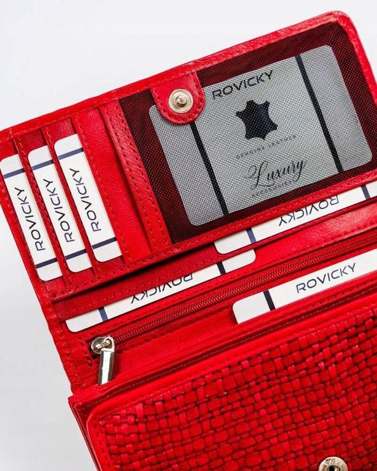 Portfel, czerwony, skórzany, RFID, Rovicky