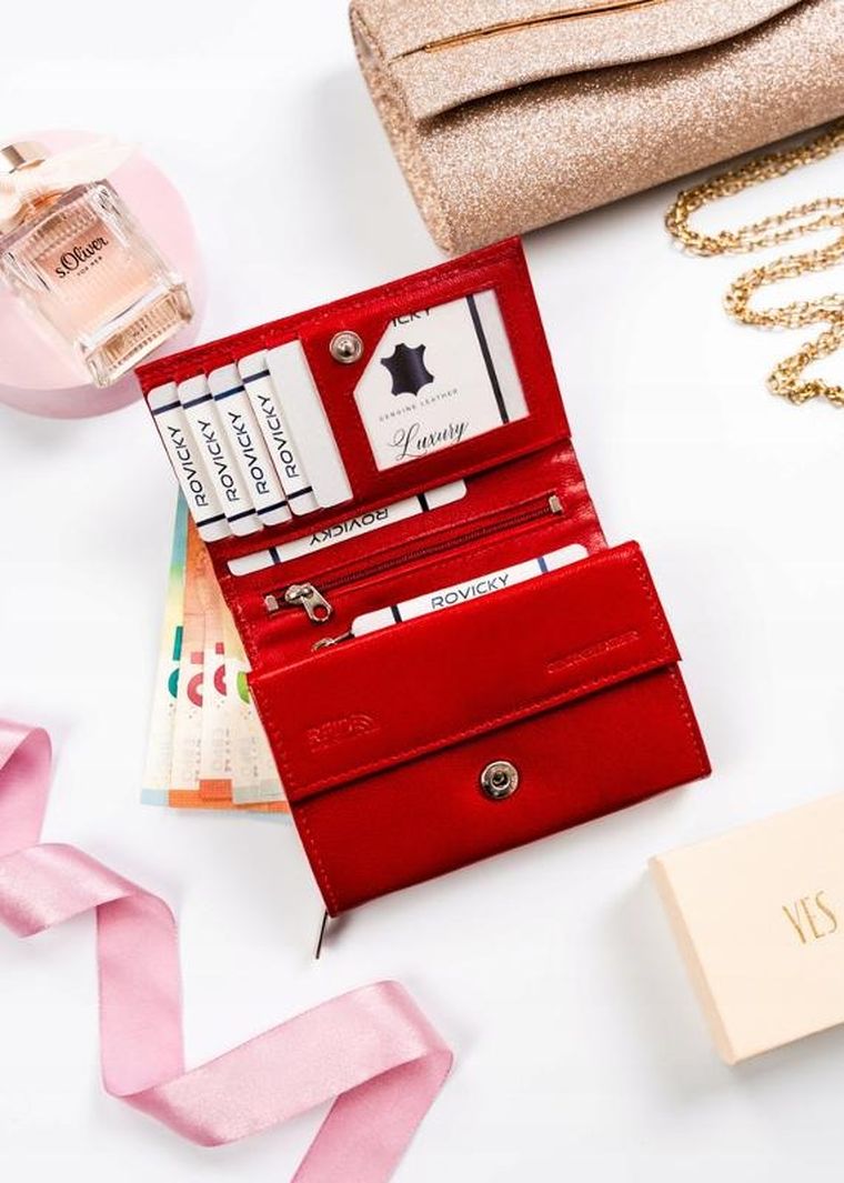 Portfel, czerwony, skórzany, RFID, Rovicky