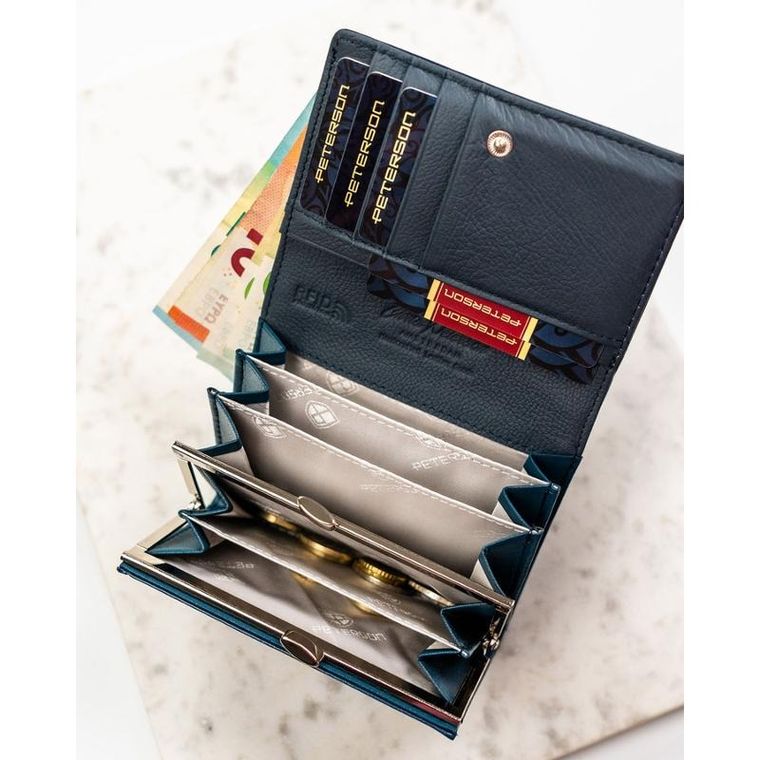 Portfel, granatowy, skóra ekologiczna, RFID, Peterson