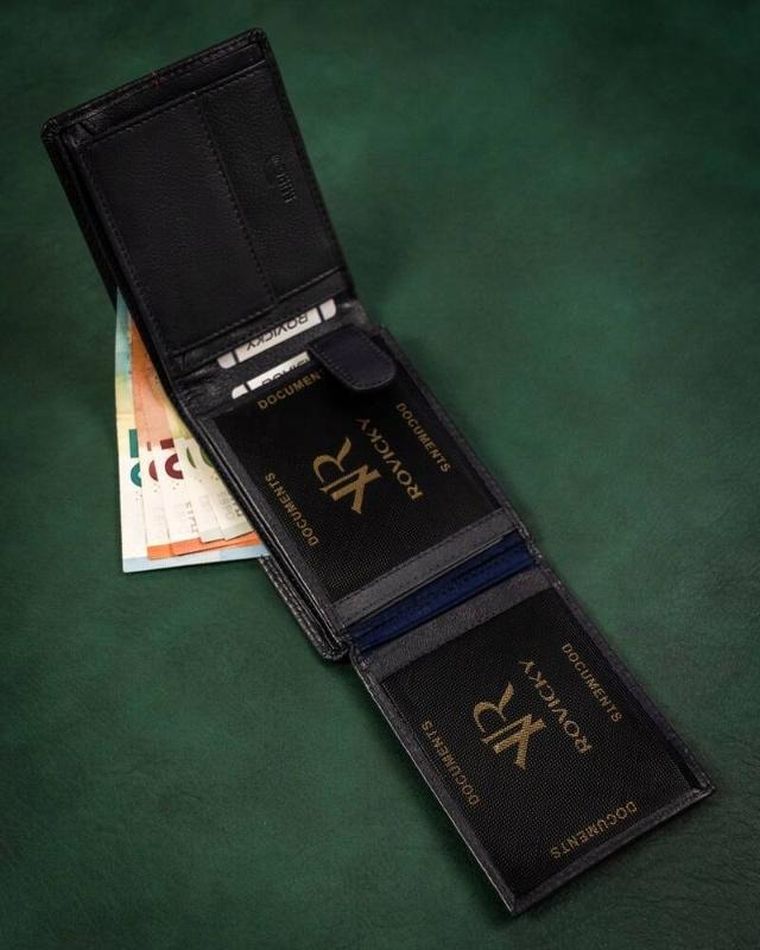 Portfel, granatowy, skórzany, RFID, Rovicky