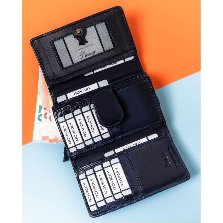 Portfel, granatowy, skórzany, RFID, Rovicky