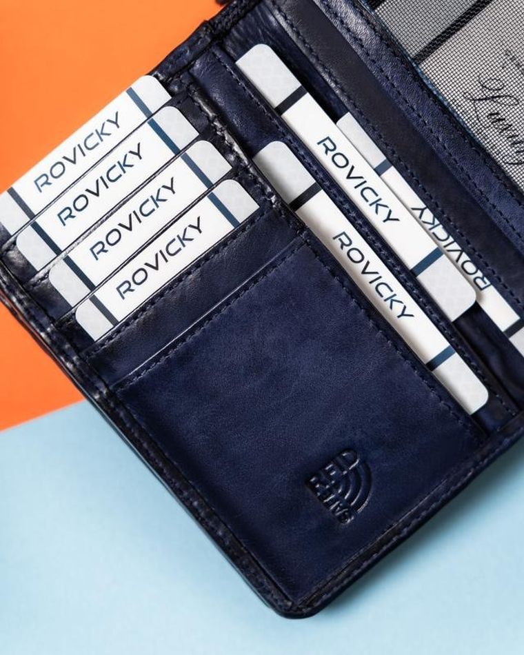 Portfel, granatowy, skórzany, RFID, Rovicky
