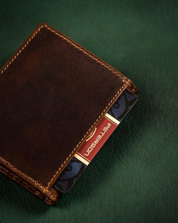 Portfel na karty, brązowy, skórzany, Peterson