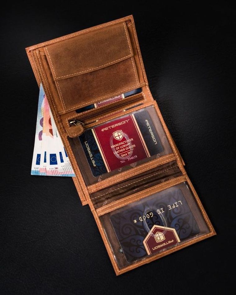 Portfel na karty, brązowy, skórzany, Peterson