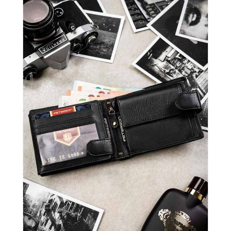 Portfel z brelokiem, czarny, skórzany, Peterson