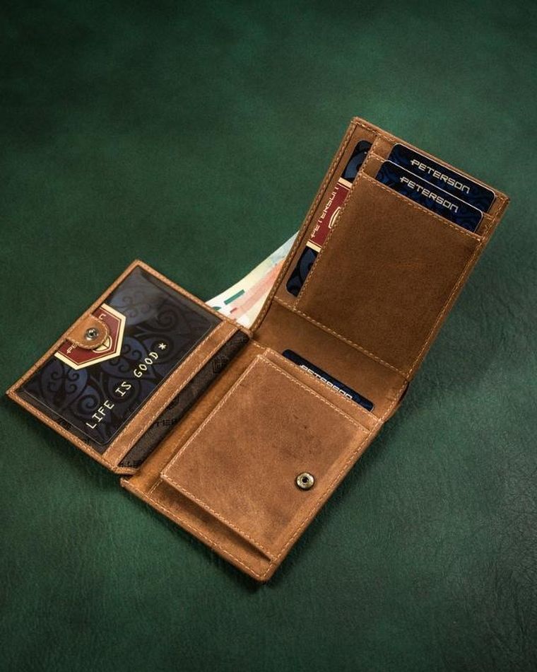 Portfel z kieszonką na kartę, brązowy, skórzany, Peterson