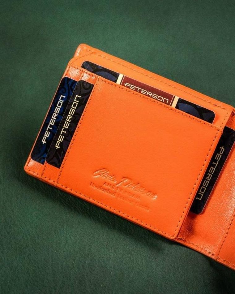 Portfel z kieszonką na kartę, czarno-pomarańczowy, skórzany, Peterson