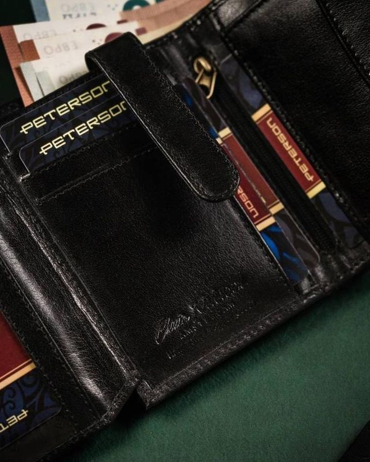 Portfel z łańcuszkiem, czarny, skórzany, Peterson