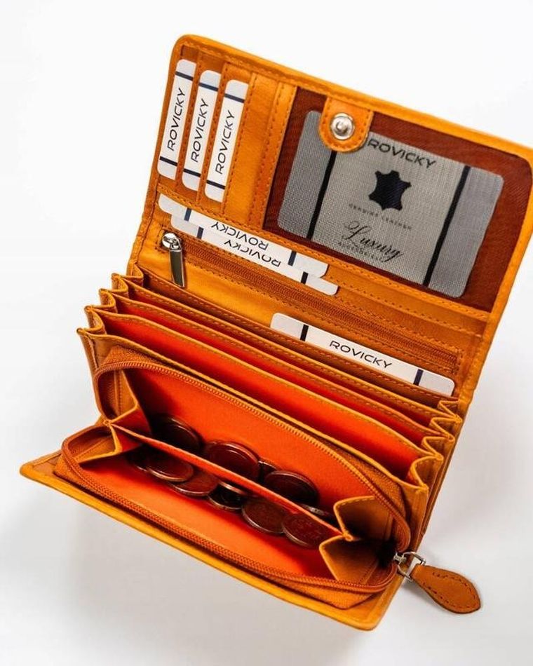 Portfel, żółty, skórzany, RFID, Rovicky
