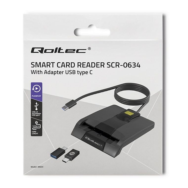 Qoltec, czytnik chipowych kart ID, inteligentny, SCR-0634, USB TYP C