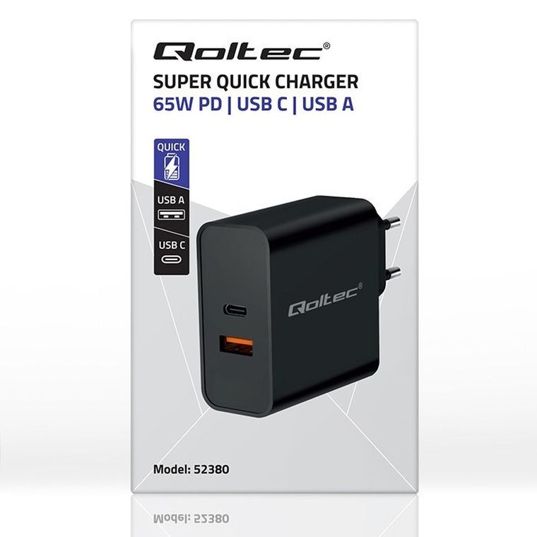 Qoltec, Super Quick PD, ładowarka, 1XUSB-C, 1XUSB, 65W, 5-20V, 1.5-3.25A, czarna