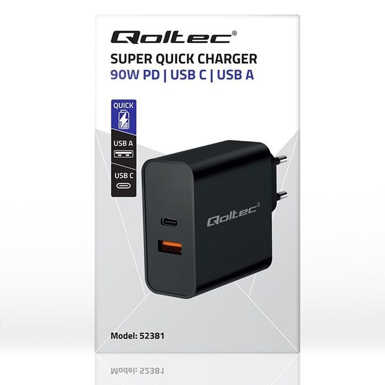 Qoltec, Super Quick PD, ładowarka, 1XUSB-C, 1XUSB, 90W, 5-20V, 2.4-4.35A, czarna