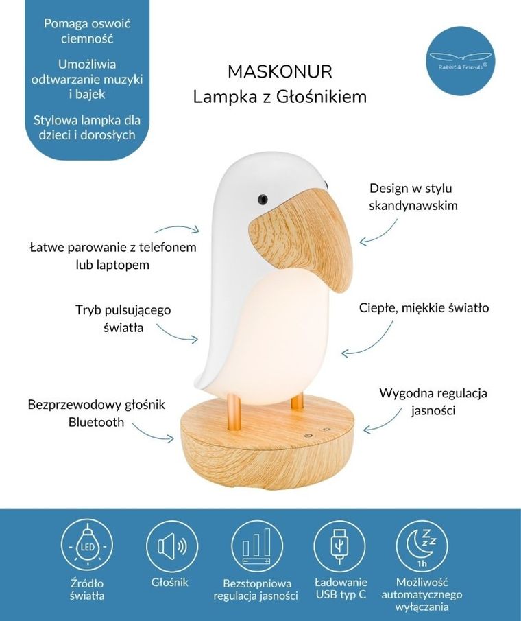 Rabbit & Friends, Maskonur, lampka z głośnikiem, biała