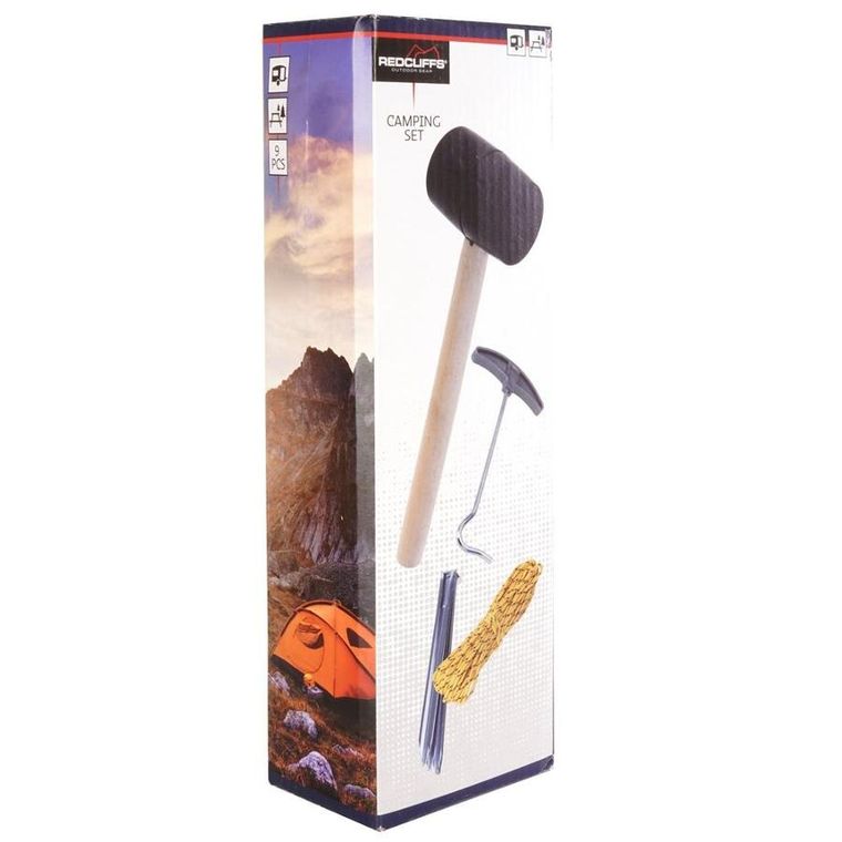 RedCliffs, kempingowy zestaw akcesoriów, śledzie, młotek, linka, hak, 9 elementów