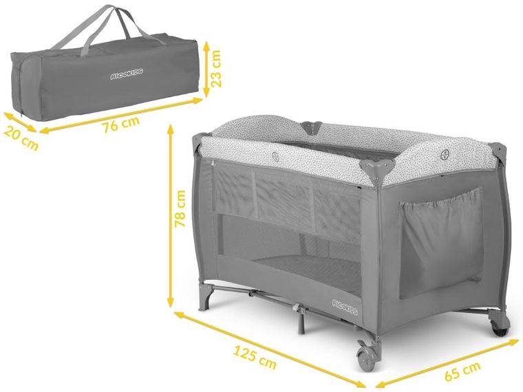 Ricokids, łóżeczko turystyczne z materacem i torbą, jasnoszare