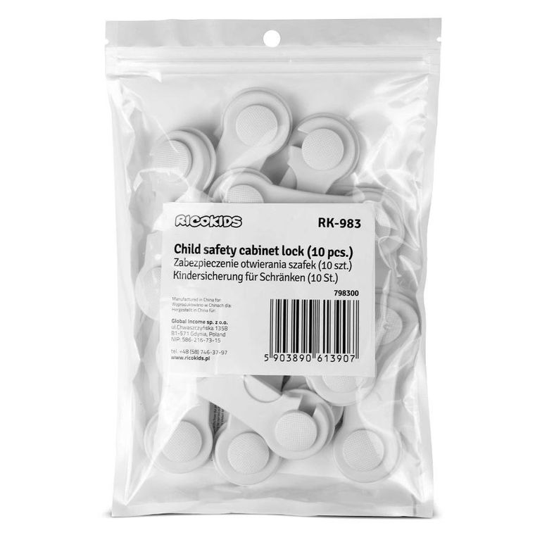 Ricokids, zabezpieczenie otwierania szafek, białe, 10 szt.
