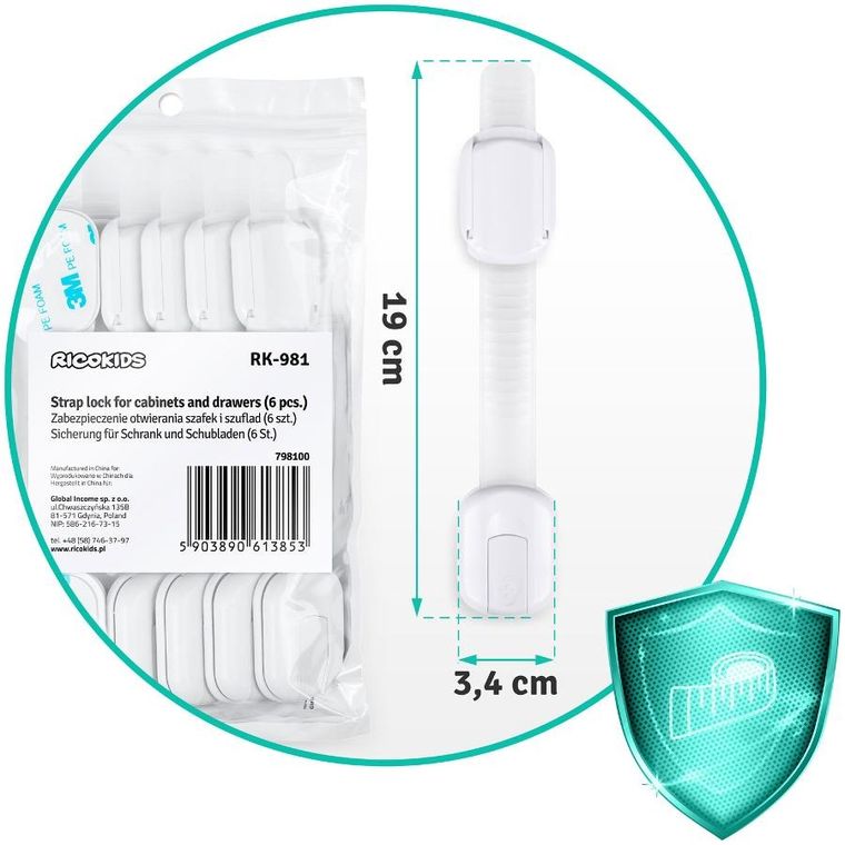 Ricokids, zabezpieczenie otwierania szafek, białe, 6 szt.