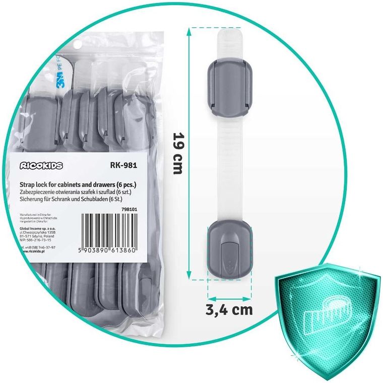 Ricokids, zabezpieczenie otwierania szafek, szare, 6 szt.
