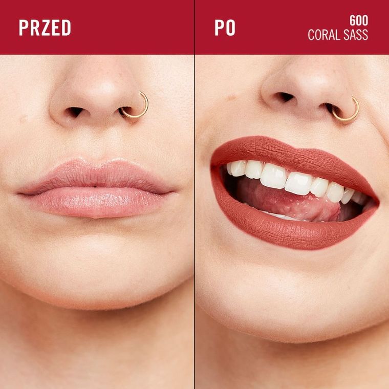 Rimmel, Lasting Mega Matte, długotrwała matowa pomadka w płynie do ust, nr 600, Coral Sass, 7.4 ml