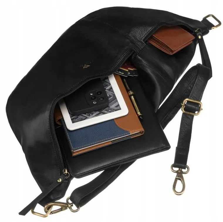 Saszetka na biodro, nerka, czarna, skórzana, Peterson