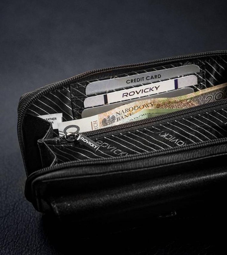 Saszetka-portfel, czarna, skórzana, RFID, Rovicky