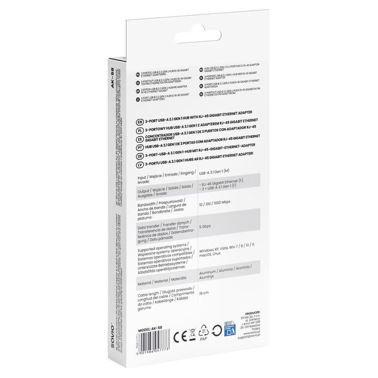 Savio, hub USB-A z adapterem, RJ-45