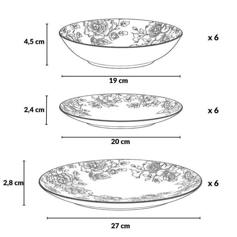 Siaki, Glamt, zestaw ozdobnych talerzy porcelanowych z nadrukiem kwiatowym, 18 elementów