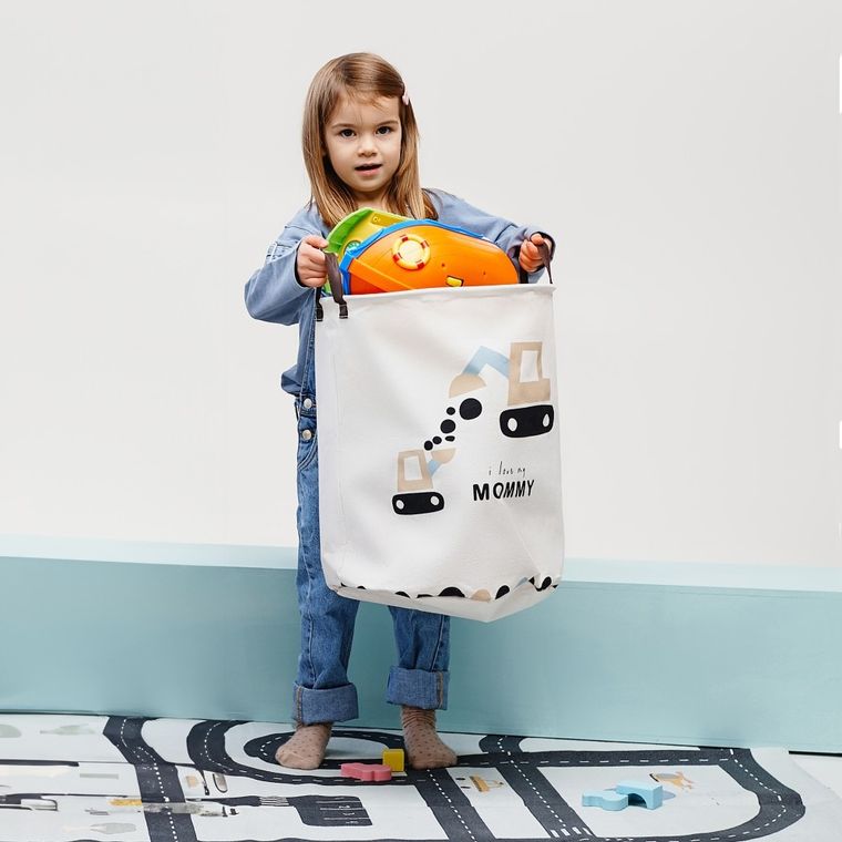 Sipo, kosz na zabawki XL, bawełniany, wodoodporny, zamykany na ściągacz, Koparki