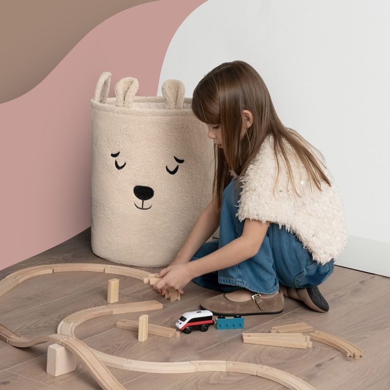 Sipo, Miś, kosz na zabawki XL, premium boucle, zamykany na ściągacz, beżowy