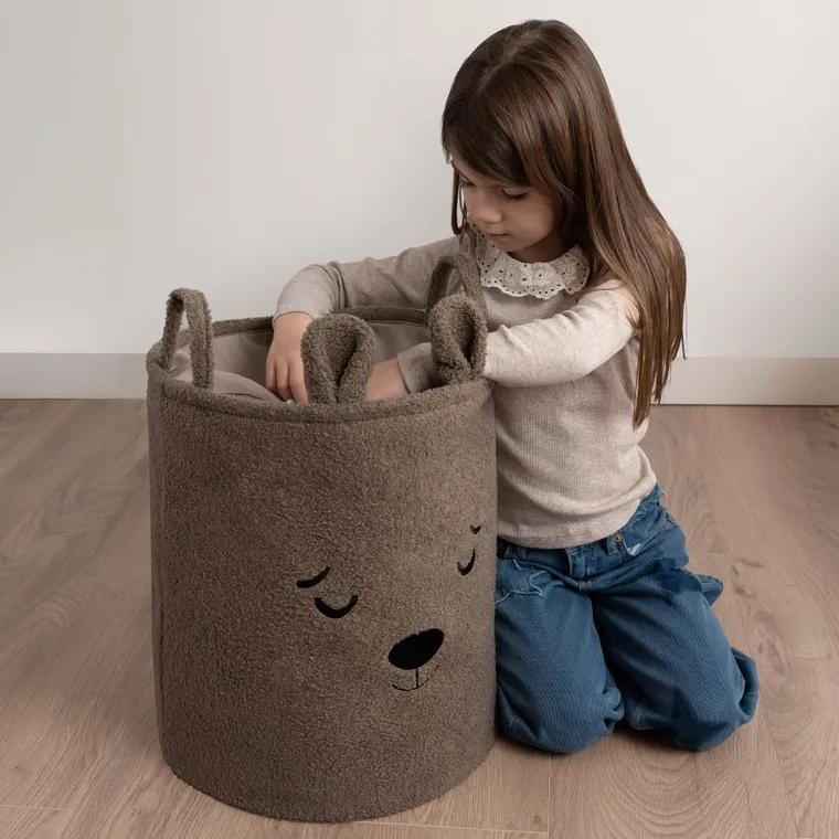 Sipo, Miś, kosz na zabawki XL, premium boucle, zamykany na ściągacz, brązowy