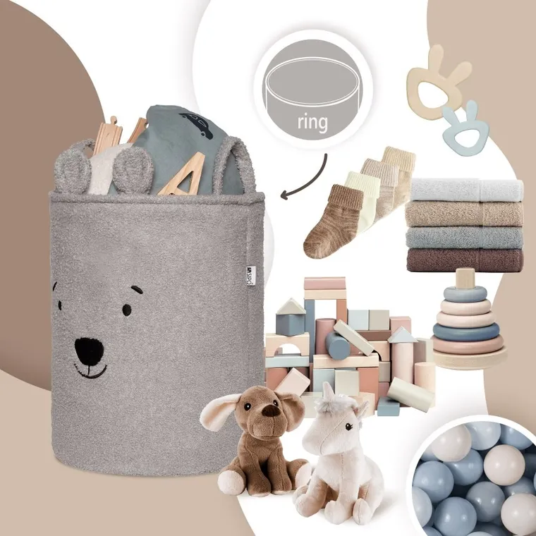 Sipo, Miś, kosz na zabawki XL, premium boucle, zamykany na ściągacz, szary