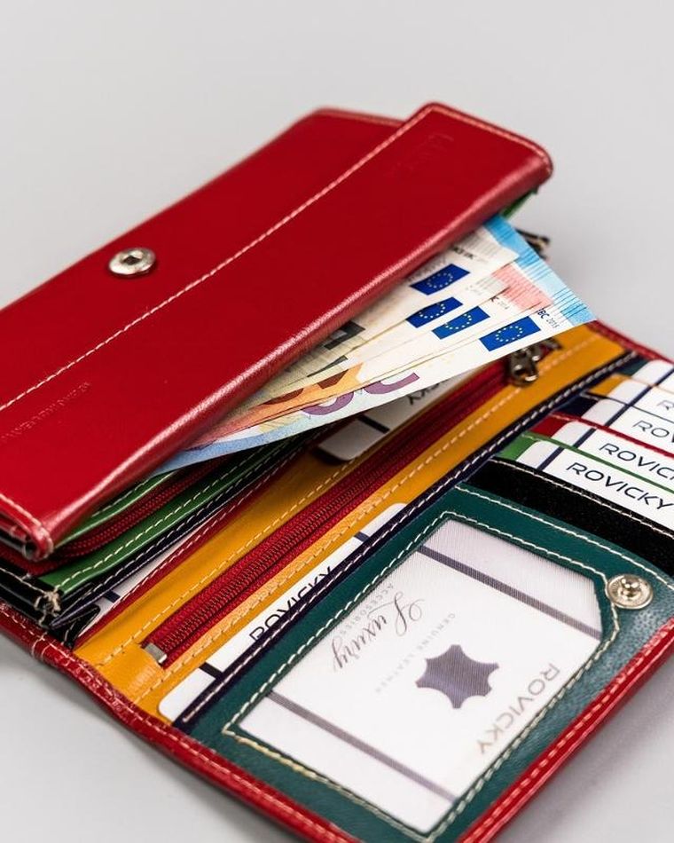 Skórzany portfel damski w orientacji poziomej na zatrzask, Rovicky
