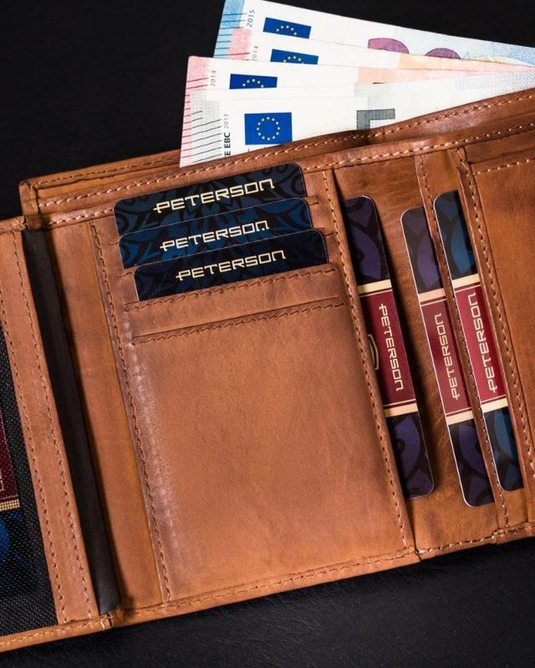 Skórzany, zapinany portfel męski na karty, Peterson
