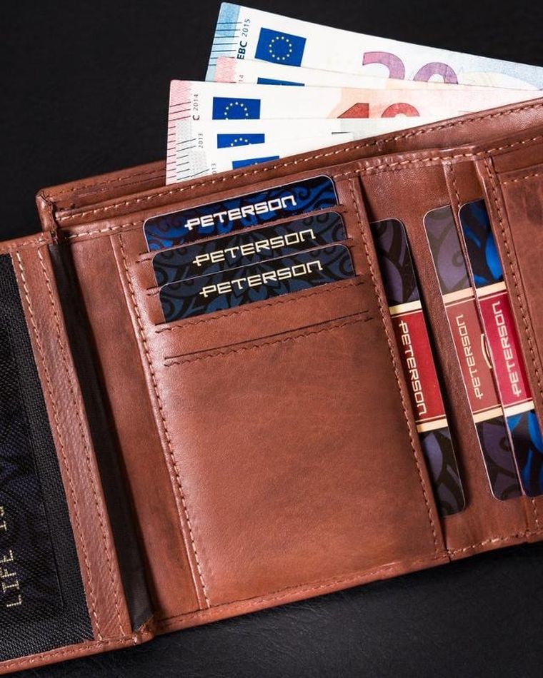 Skórzany, zapinany portfel męski na karty, Peterson
