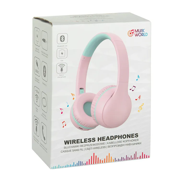 Smiki, Music World, słuchawki bezprzewodowe, nauszne, różowe