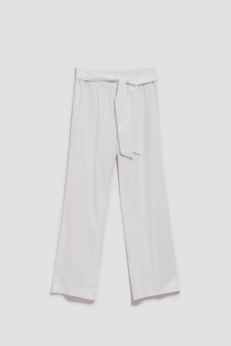 Spodnie materiałowe damskie z lnem, białe, Moodo