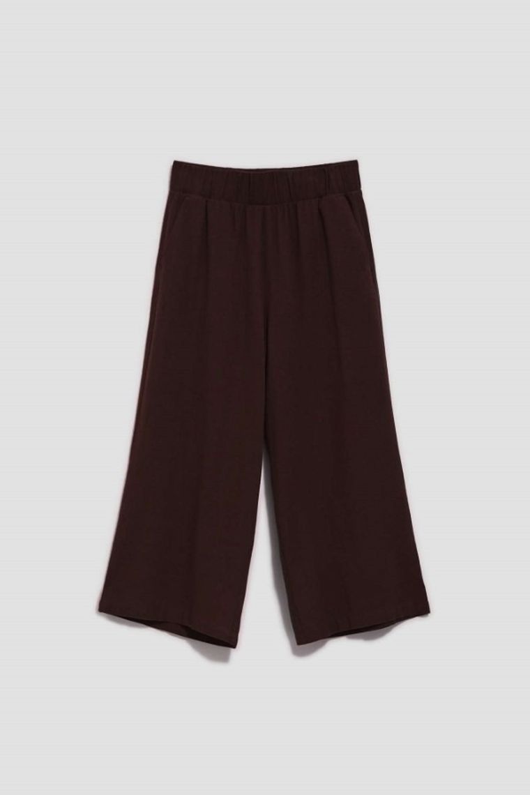 Spodnie materiałowe damskie z lnem, brązowe, Moodo