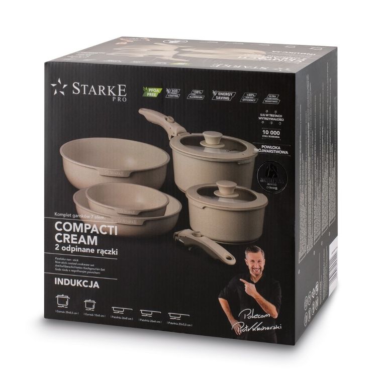 Starke Pro, Compacti Creamy, zestaw garnków z pokrywką i patelnie, 7 elementów