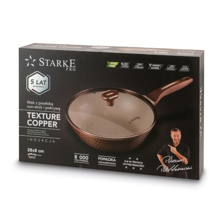 Starke Pro, Texture Copper, patelnia wok z pokrywą, 28-8 cm