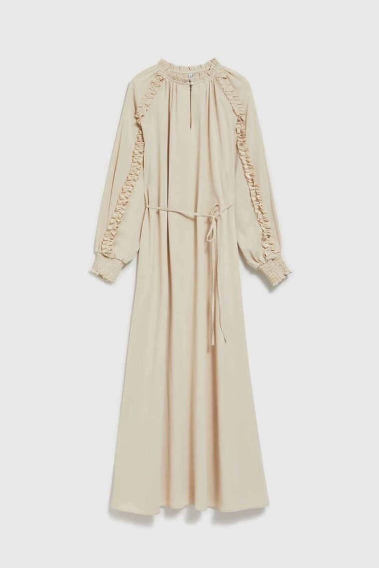 Sukienka damska z długim rękawem, beżowa, Moodo