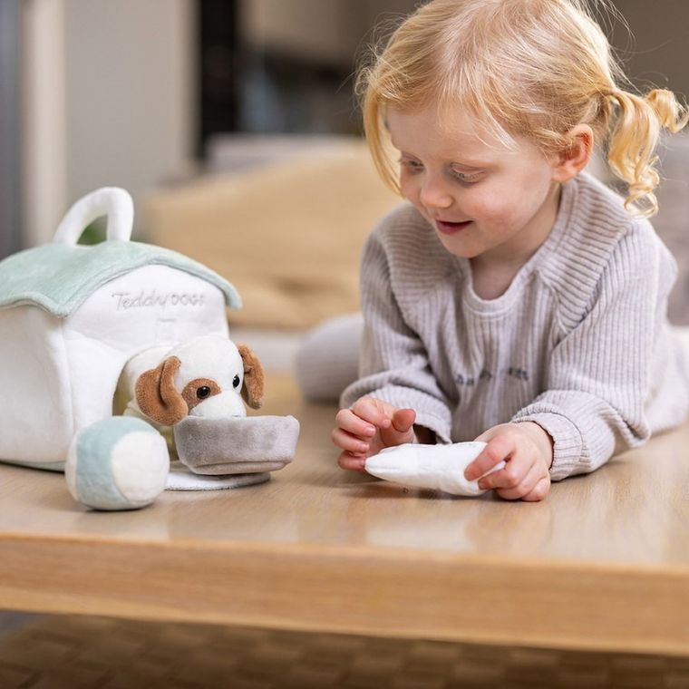 Teddykompaniet, Teddy Dogs, pluszowy piesek z budą i akcesoriami, 19-21-23 cm