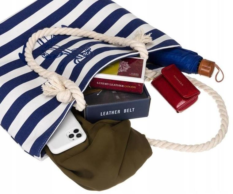 Torebka shopper, biało-granatowa, plażowa